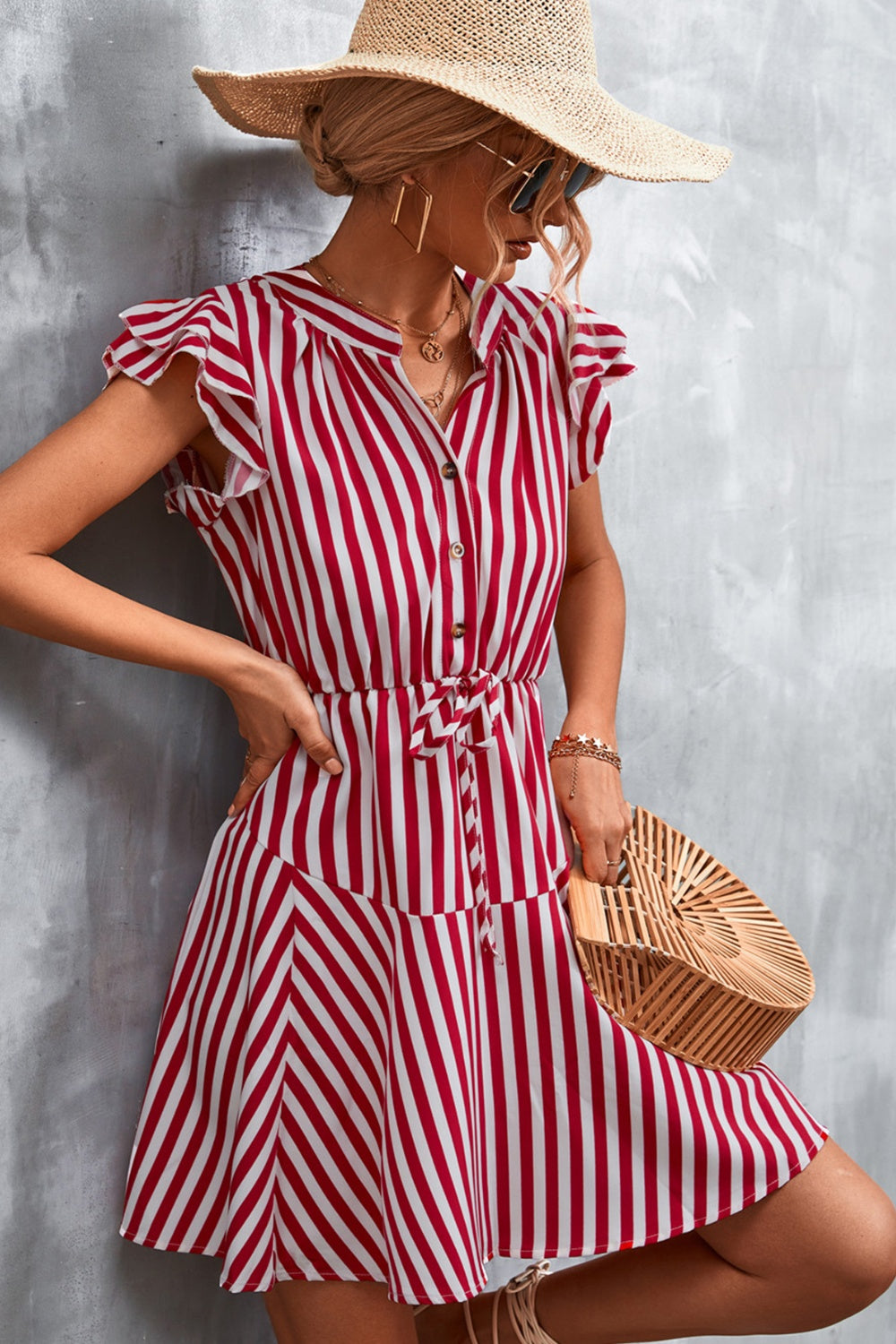 Ruffled Striped Cap Sleeve Mini Dress 