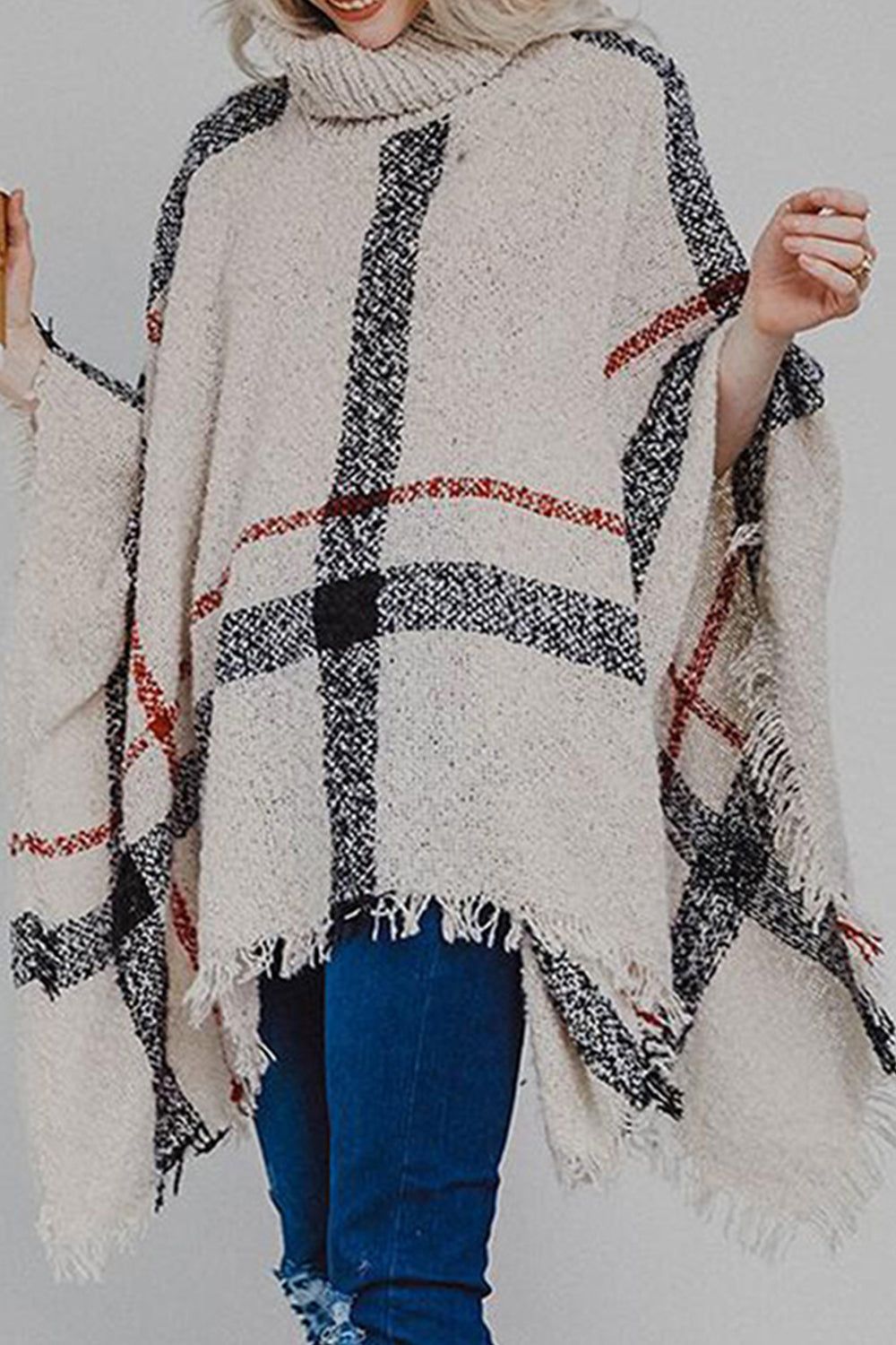 Plaid Turtleneck Raw Hem Poncho 