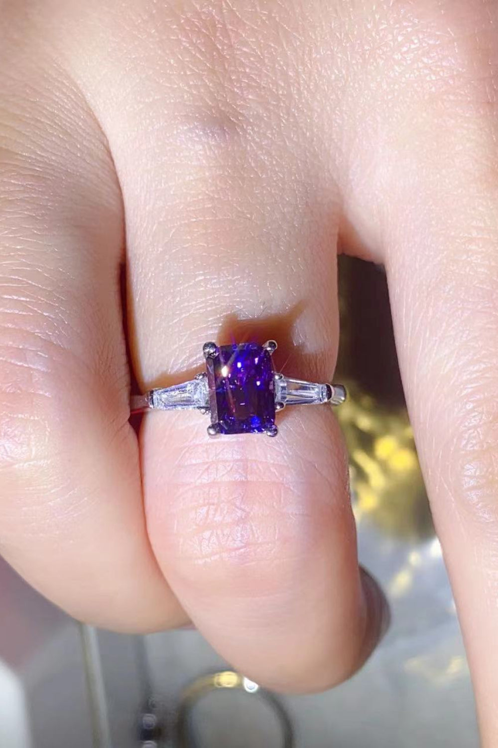 1 Carat Moissanite Platinum-Plated Rectangle Ring in Purple 