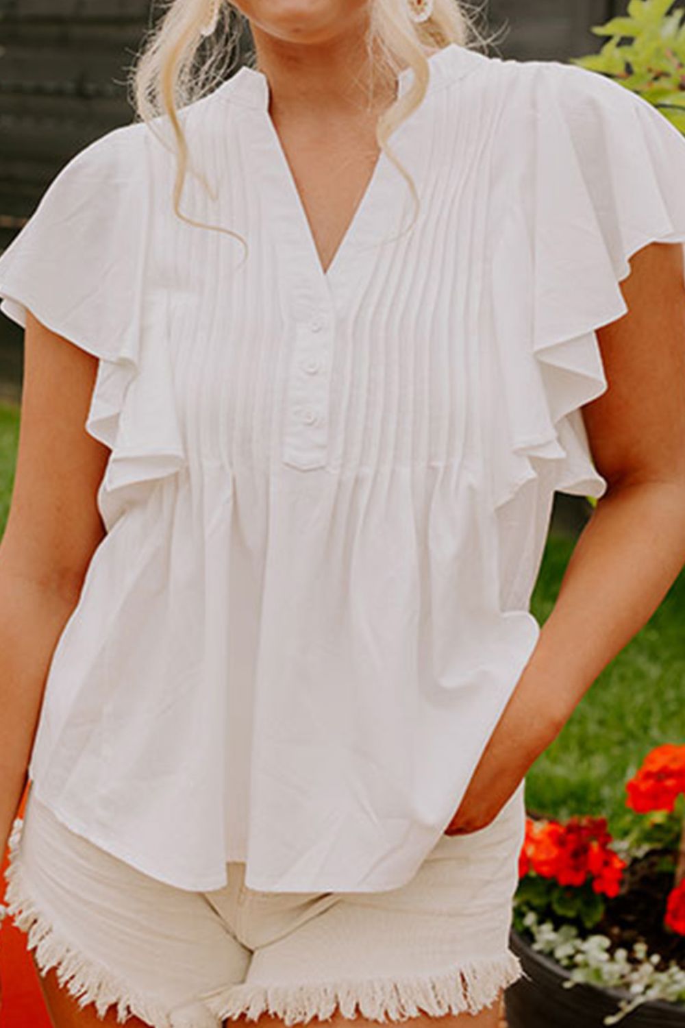 Pleated V-Neck Cap Sleeve Blouse 