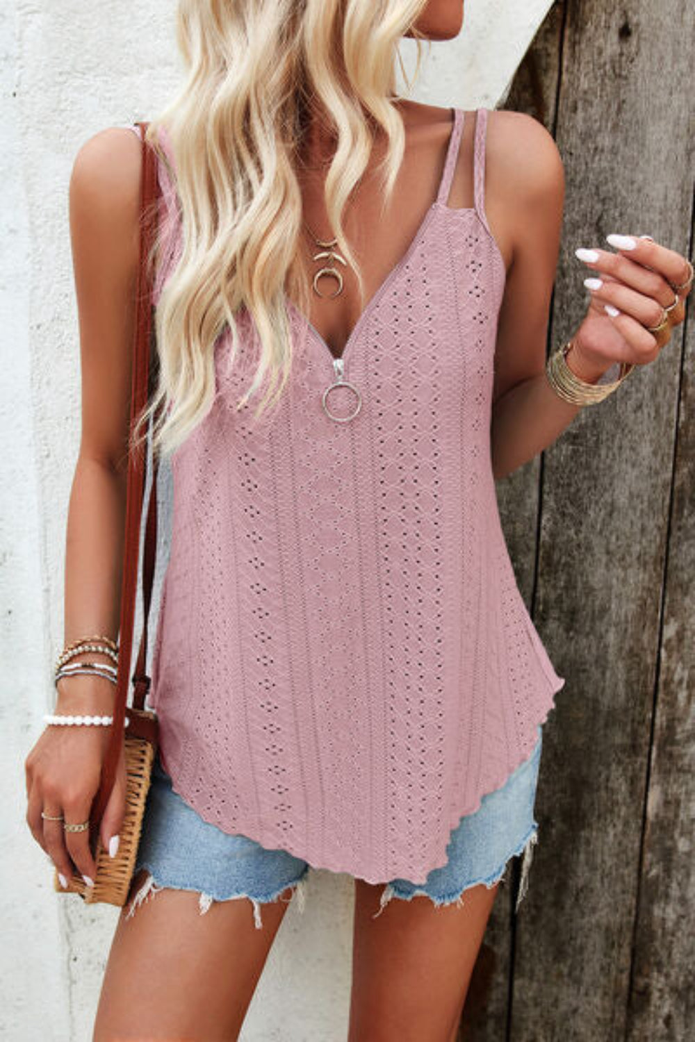 Eyelet V-Neck Double Spaghetti Straps Cami 