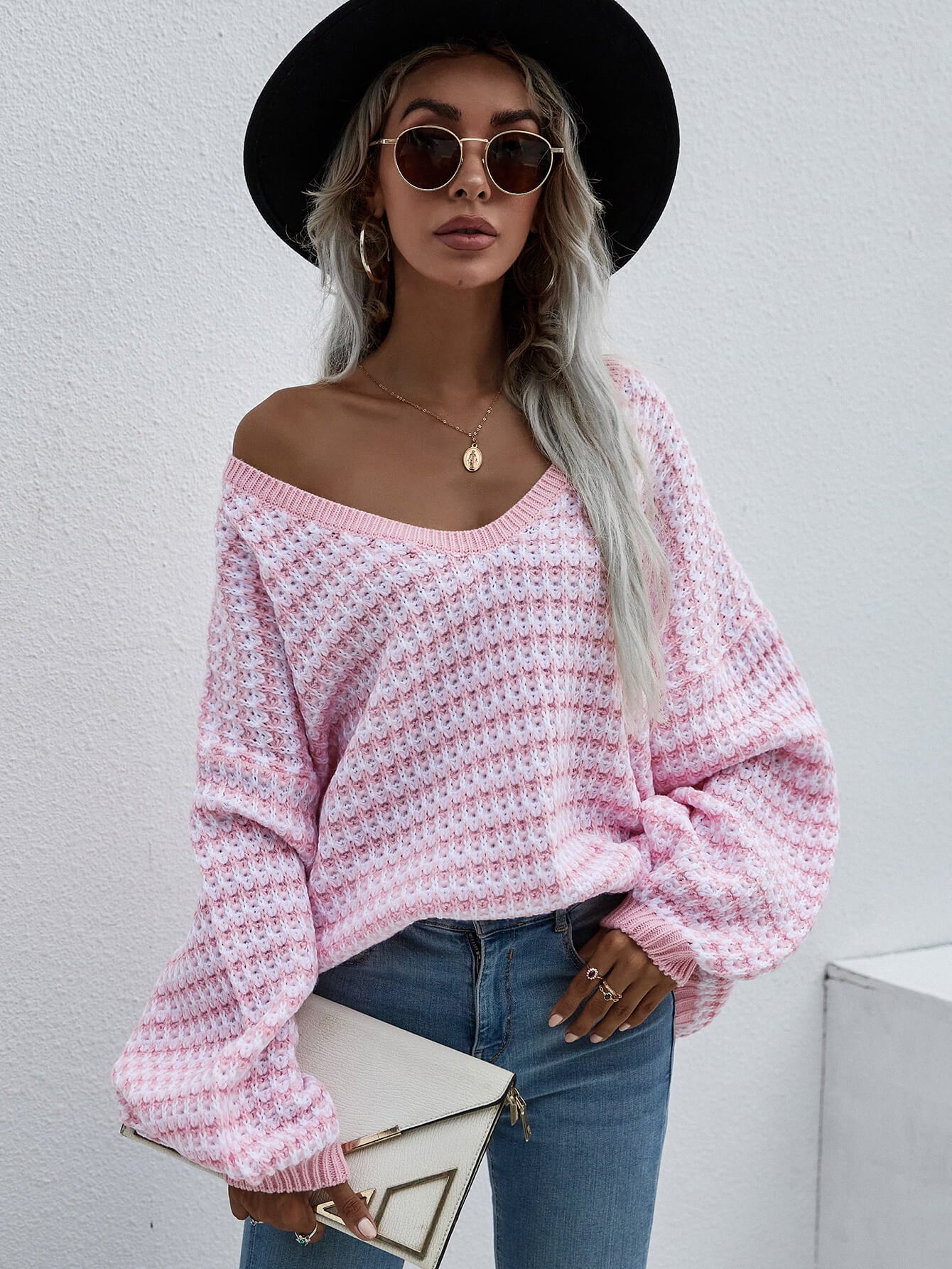 Striped Drop Shoulder V-Neck Pullover Sweater - Babbazon Tops