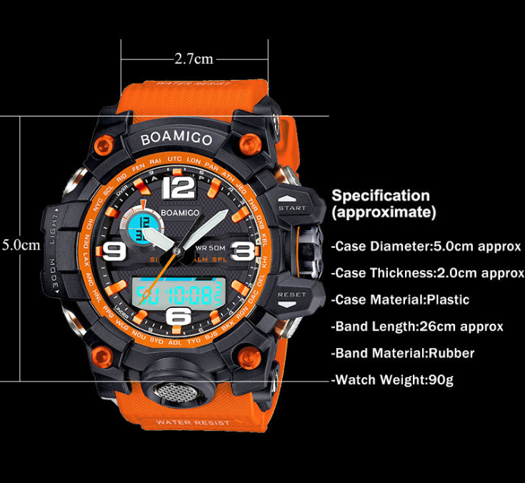 BOAMIGO brand men sports watches dual display analog digital LED Electronic quartz watches 50M waterproof swimming watch F5100