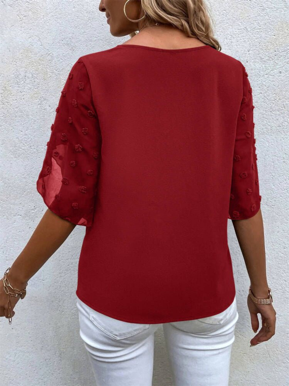 Swiss Dot Round Neck Half Sleeve Blouse - Babbazon New Products