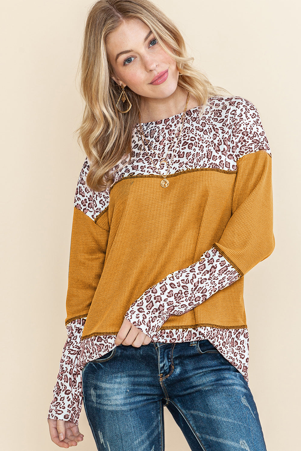 Light Pink Leopard Print Waffle Knit Patchwork Top - Babbazon Long Sleeve Tops