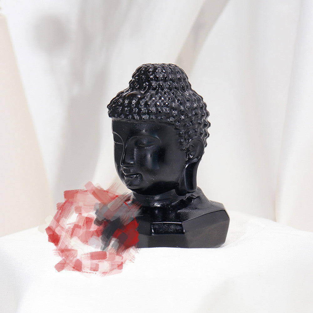 East China Sea Natural Obsidian Buddha Head Hand Polished Stone Ornament