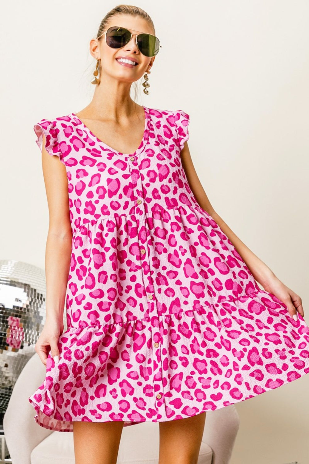 BiBi Leopard Cap Sleeve Tiered Mini Dress 