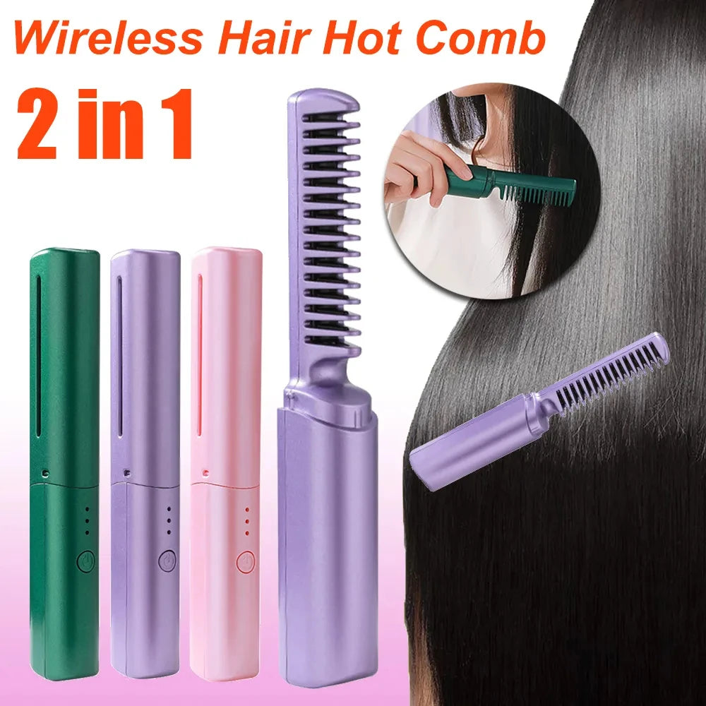 Professional Wireless Hair Straightener Curler Comb Fast Heating Negative Ion Straightening Curling Brush Hair Styling Tools 