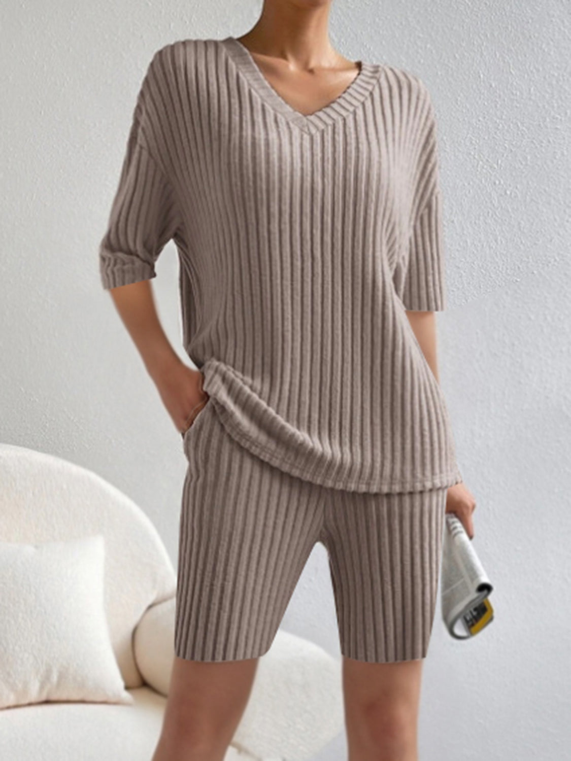 Ribbed V-Neck Top and Shorts Set - Babbazon New Products