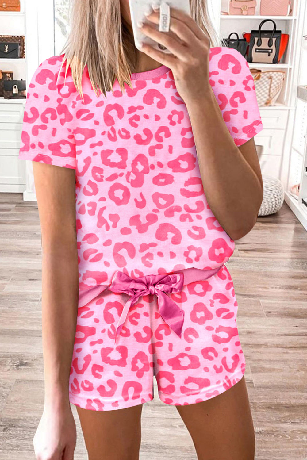 Pink Leopard Print Drawstring Shorts Loungewear Set - Babbazon Loungewear Set