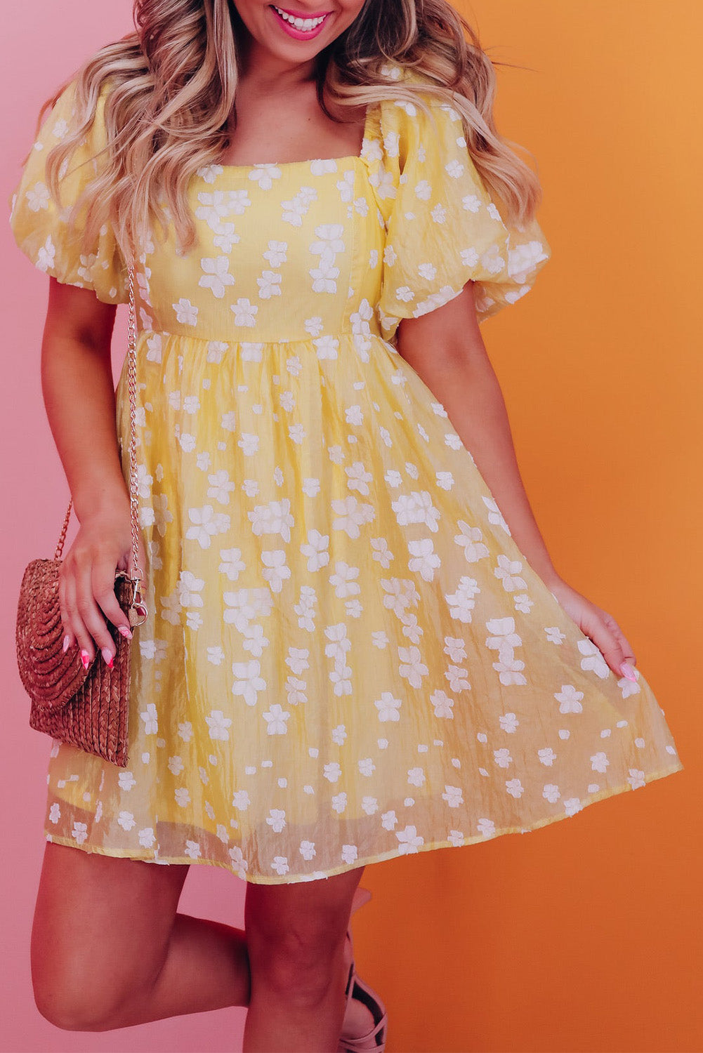 Yellow Boho Flower Jacquard Puff Sleeve Square Neck Mini Dress - Babbazon Short Dresses