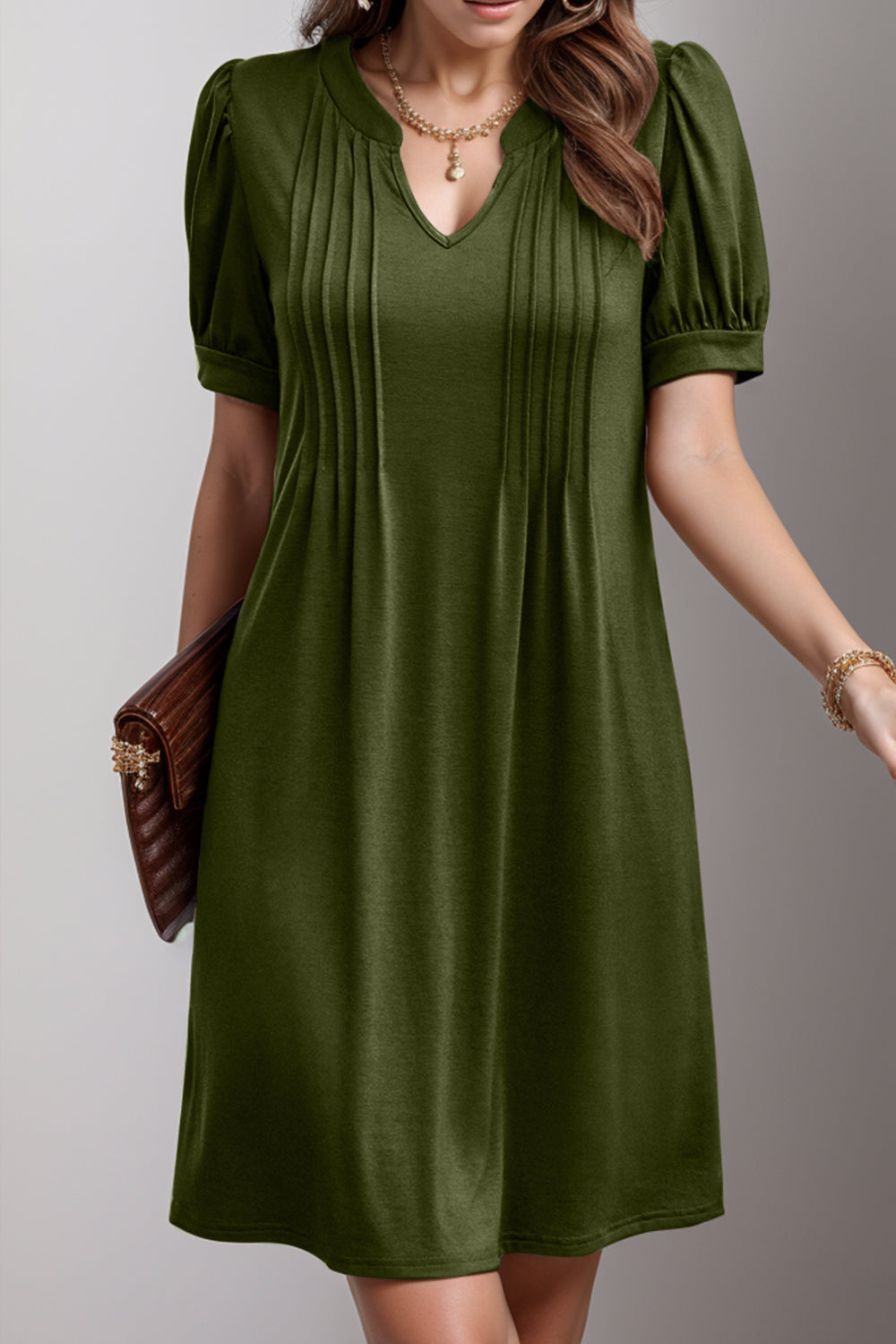 Pin-Tuck Notched Short Sleeve Dress - Babbazon New Products