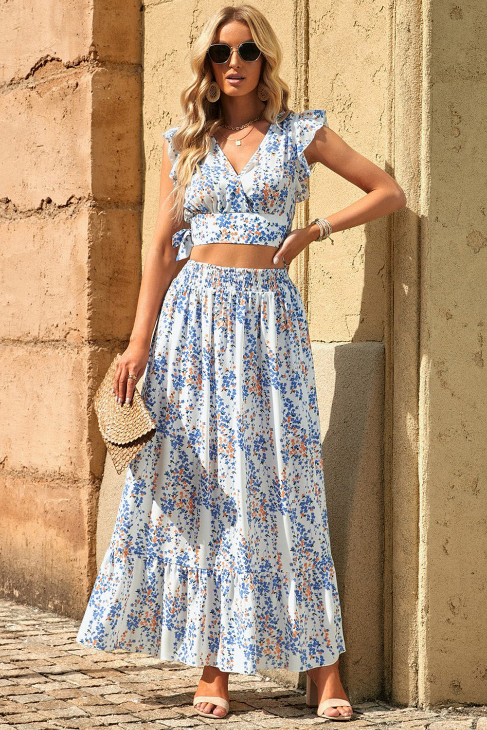 Printed Tie Back Cropped Top and Maxi Skirt Set - Babbazon Tops