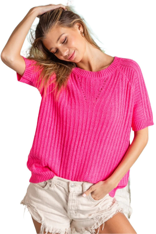 BiBi Texture Round Neck Short Sleeve Knit Top - Babbazon PINK CLOTHING