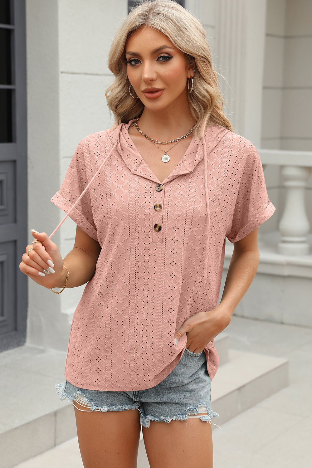 Eyelet Drawstring Hooded Short Sleeve Blouse