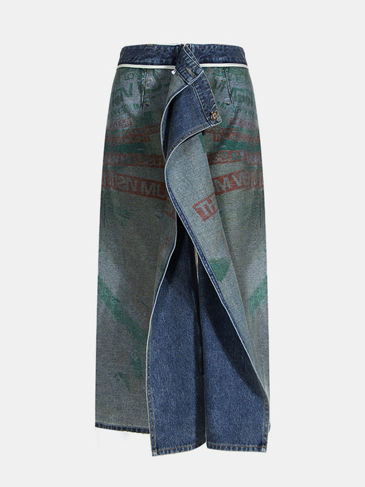 Reversible Slit Printed Midi Denim Skirt 