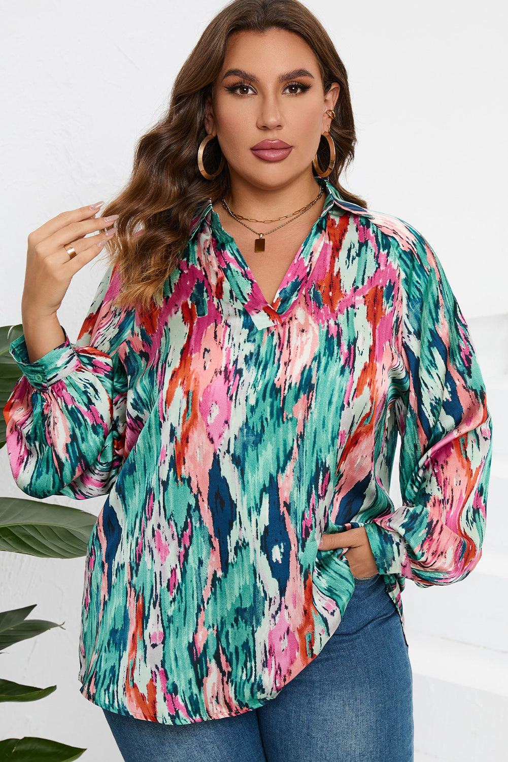 Plus Size Printed Johnny Collar Long Sleeve Blouse - Babbazon Camisole