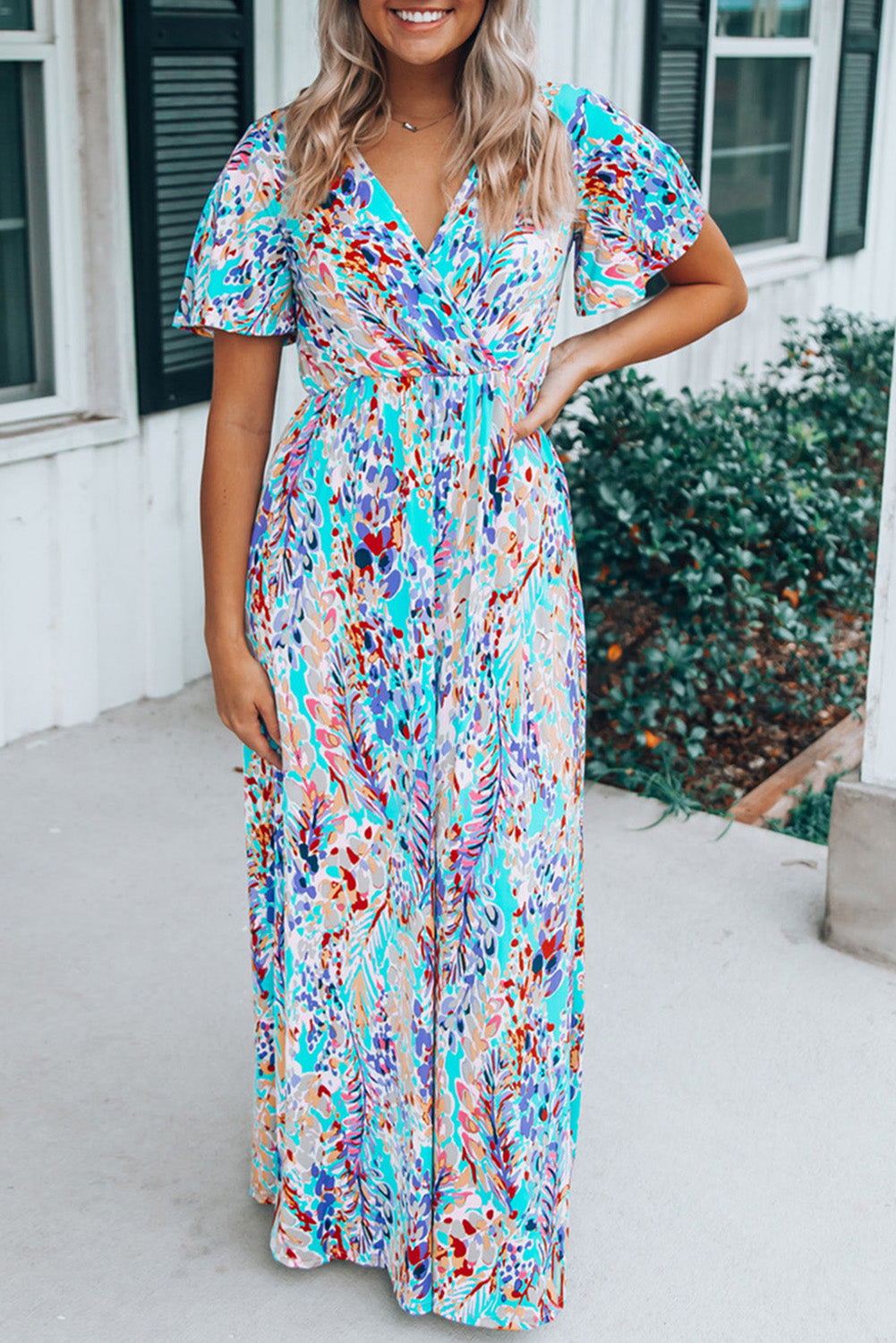 Wholesale Rose Boho Abstract Print V Neck Short Sleeve Maxi Wrap Dress - Babbazon Maxi Dresses