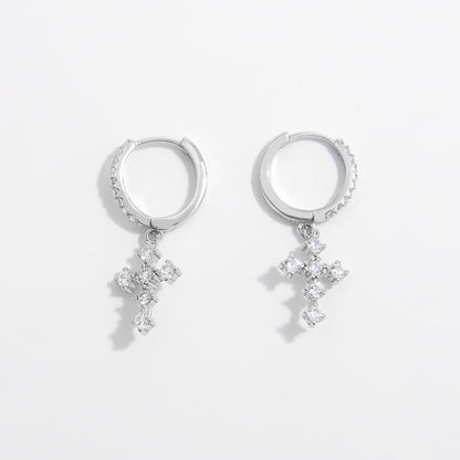 925 Sterling Silver Inlaid Zircon Cross Dangle Earrings 