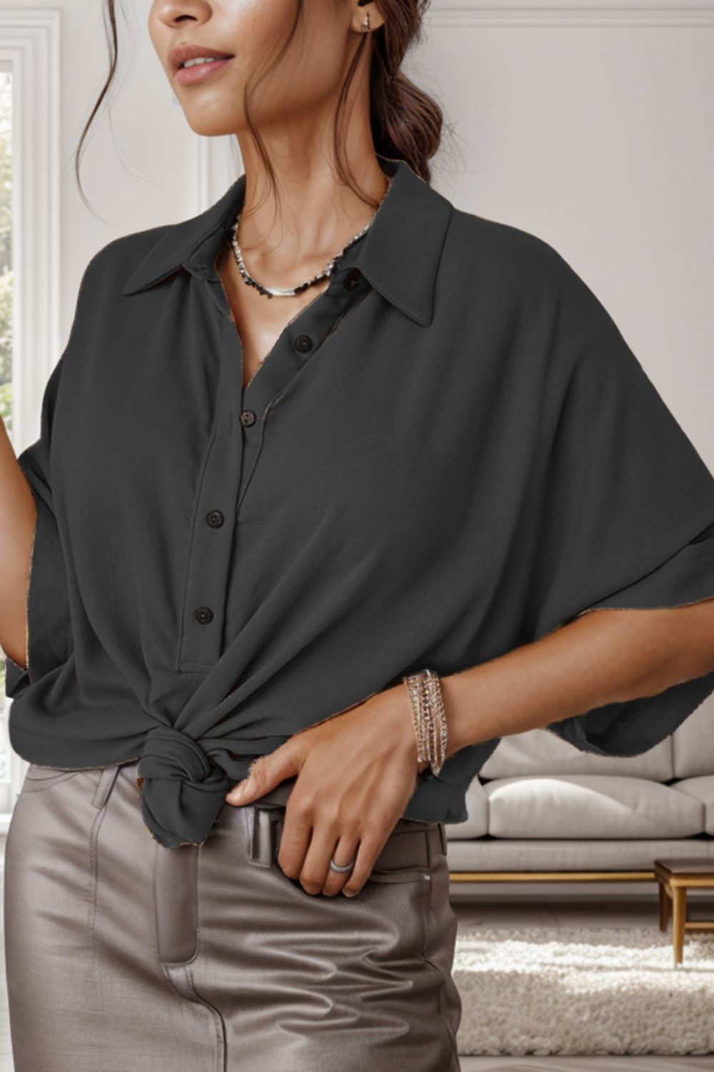 Half Button Collared Neck Half Sleeve Blouse - Babbazon New Products