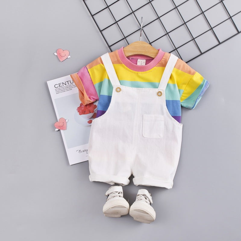 Two Large Striped Round Neck Short-Sleeved Rainbow Suspenders Shorts