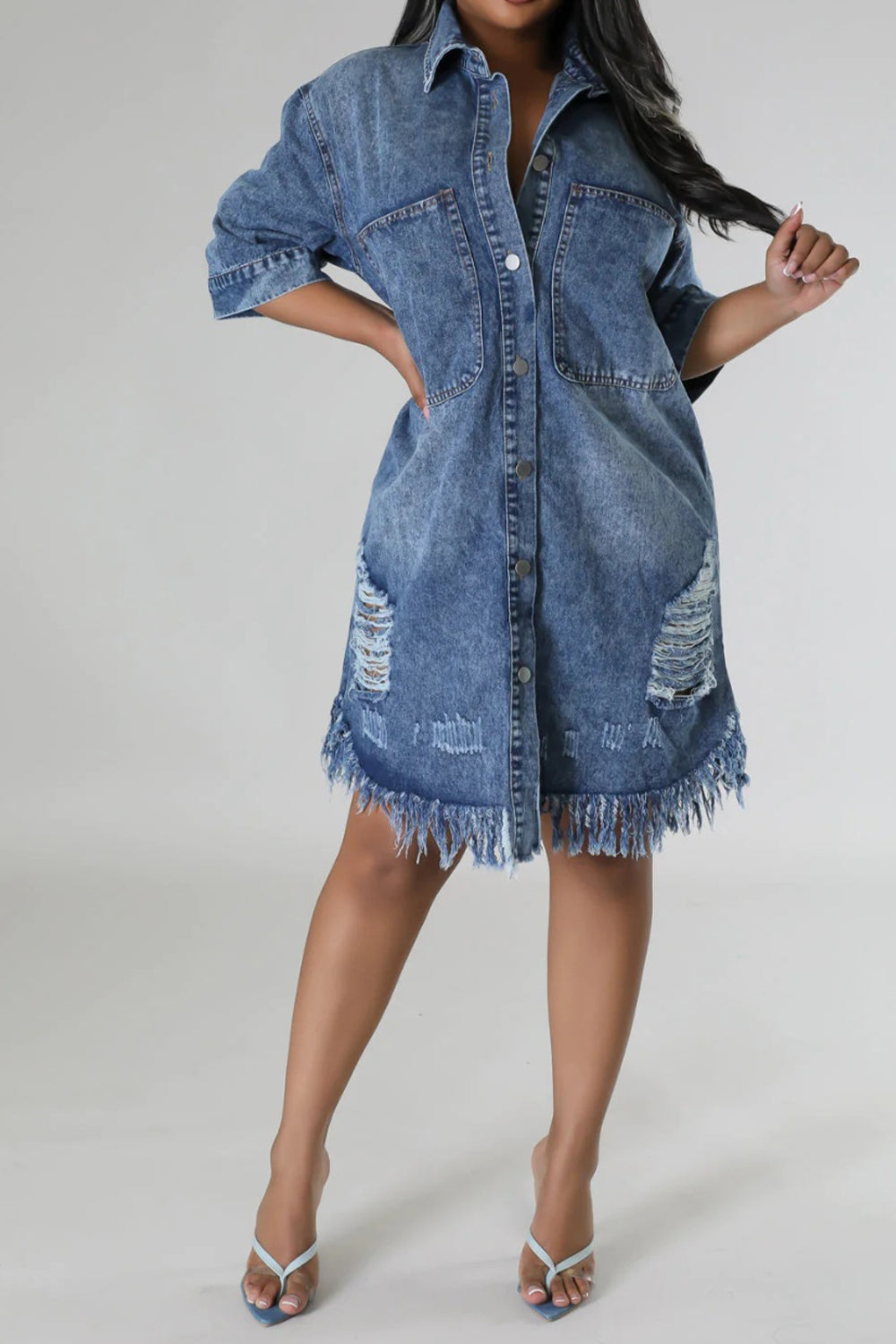 Distressed Raw Hem Button Up Denim Dress 