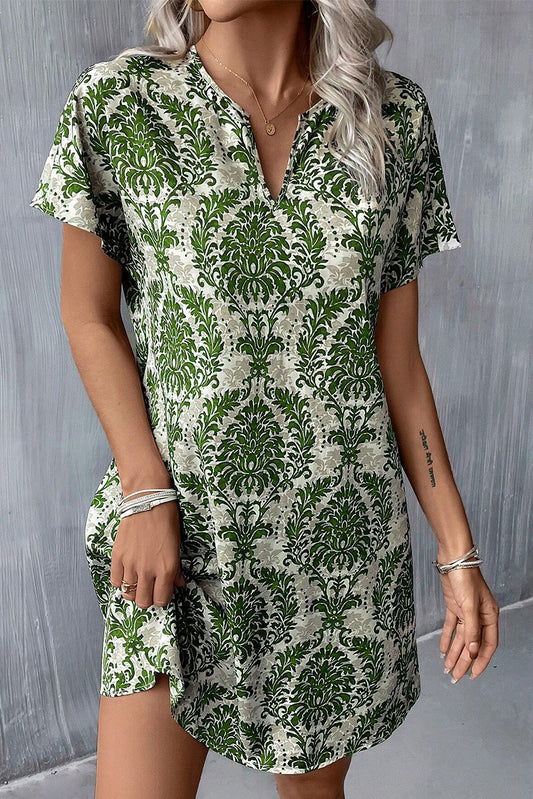 Green Floral Print V Neck Short Dolman Sleeve Mini Dress - Babbazon Short Dresses