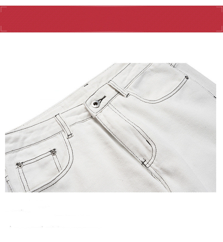 Footed Topstitched Trousers Men's And Women's White Jeans