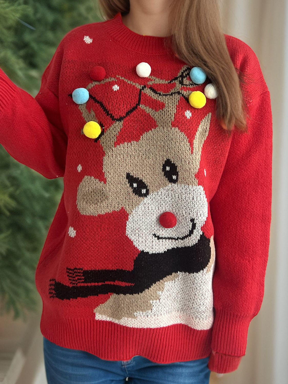 Reindeer Round Neck Long Sleeve Sweater