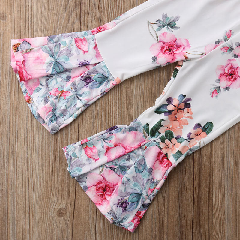 Girls' Flying Sleeves One-shoulder Blouse And Flower Trousers 2-piece Set