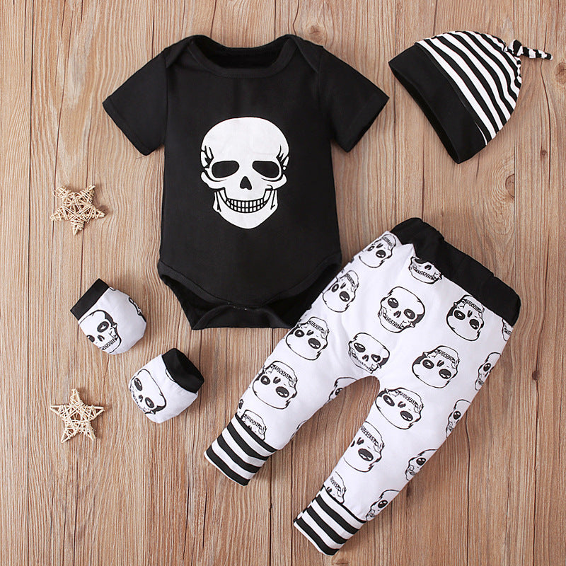 Boy's Halloween Short-sleeved Skull Jumpsuit Romper Printed Trousers Striped Hat 4-piece Suit