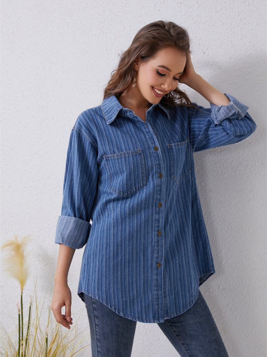 Pocketed Striped Button Up Denim Shirt 