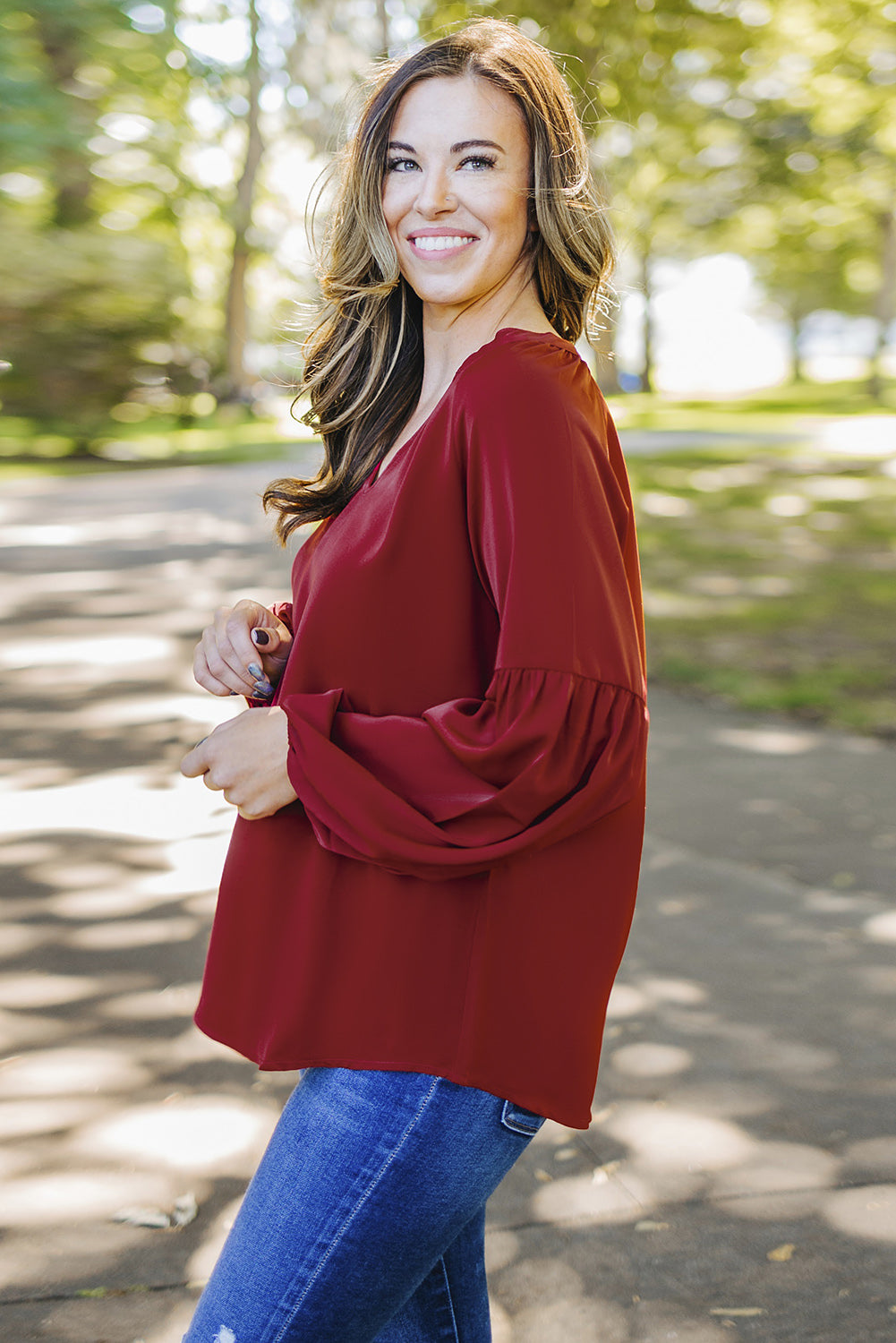 Ruched Notched Balloon Sleeve Blouse 