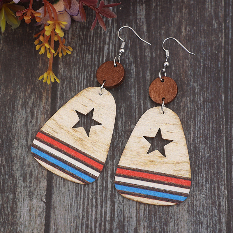 Cutout Star & Stripes Wooden Dangle Earrings - Babbazon New Products