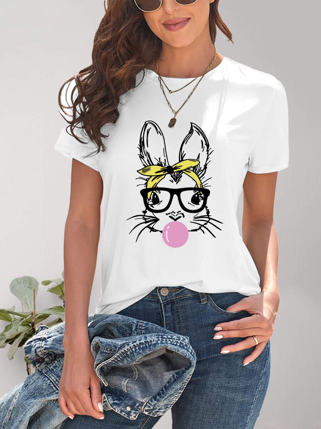 Rabbit Graphic Round Neck Short Sleeve T-Shirt 