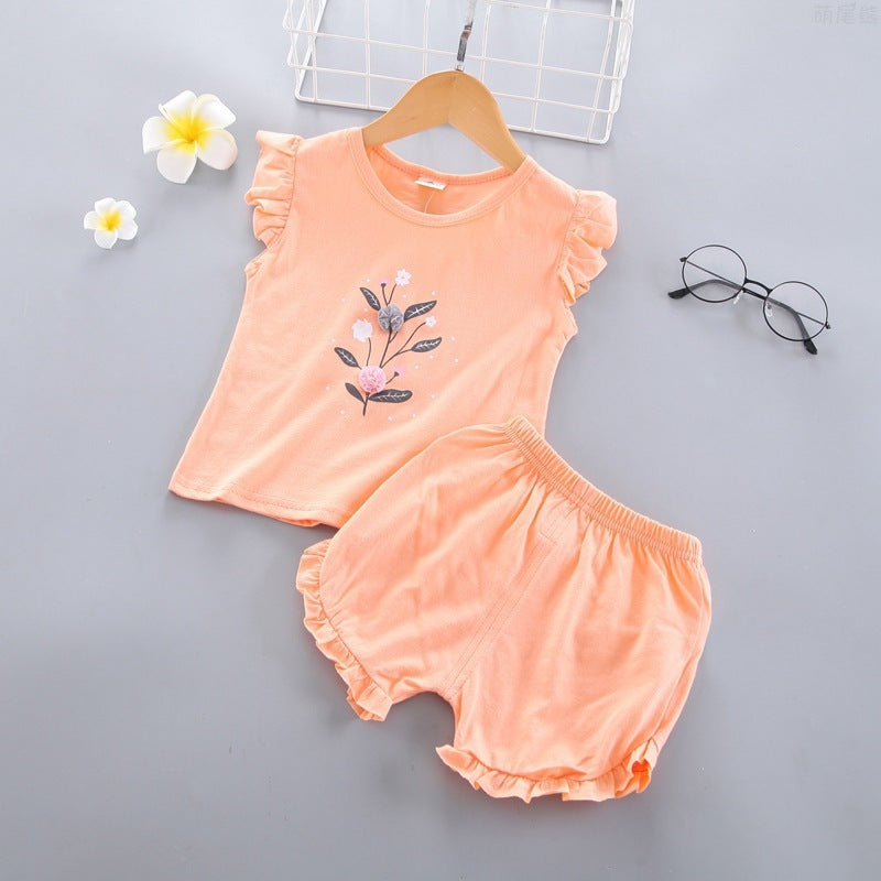 Girls Sleeveless Lace Vest Children's Casual Shorts Summer New Fashion Solid Color Short-sleeved Children's Clothing Suit