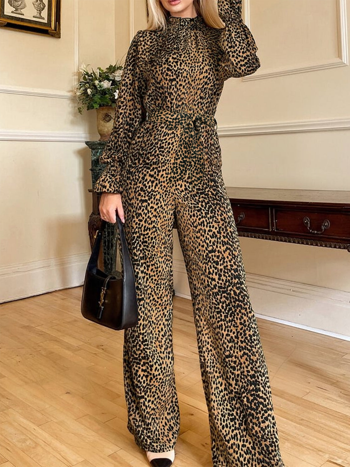 Leopard Flounce Sleeve Wide Leg Jumpsuit