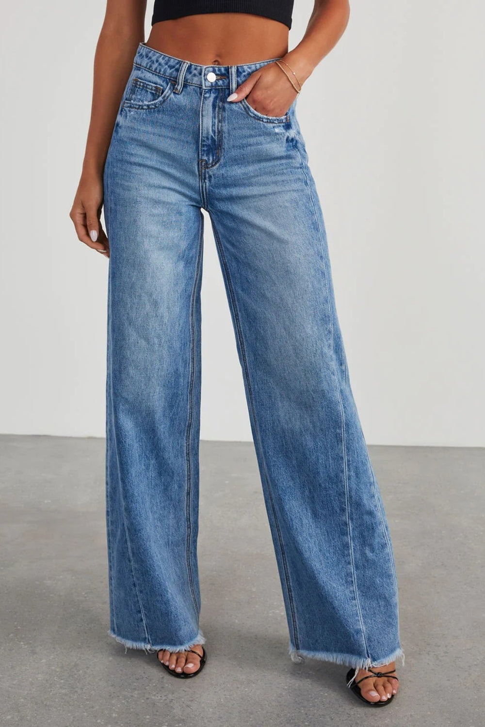 Raw Hem Wide Leg Jeans with Pockets - Babbazon new