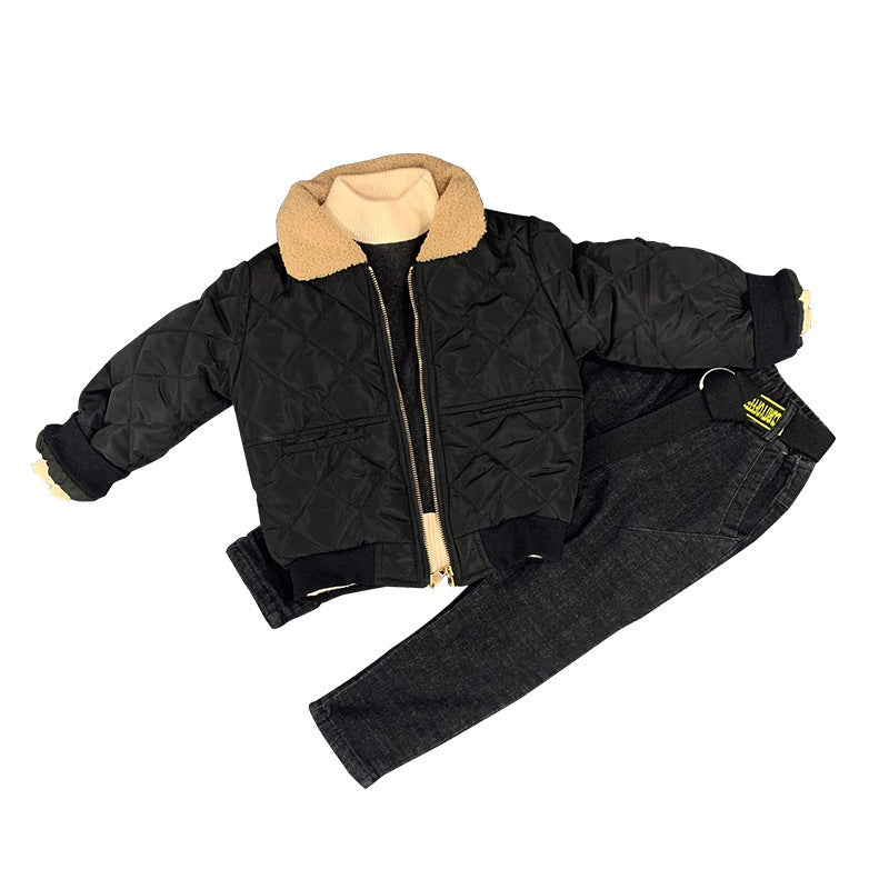 Boys Fleece Cotton Coat Sweater Jeans Suit