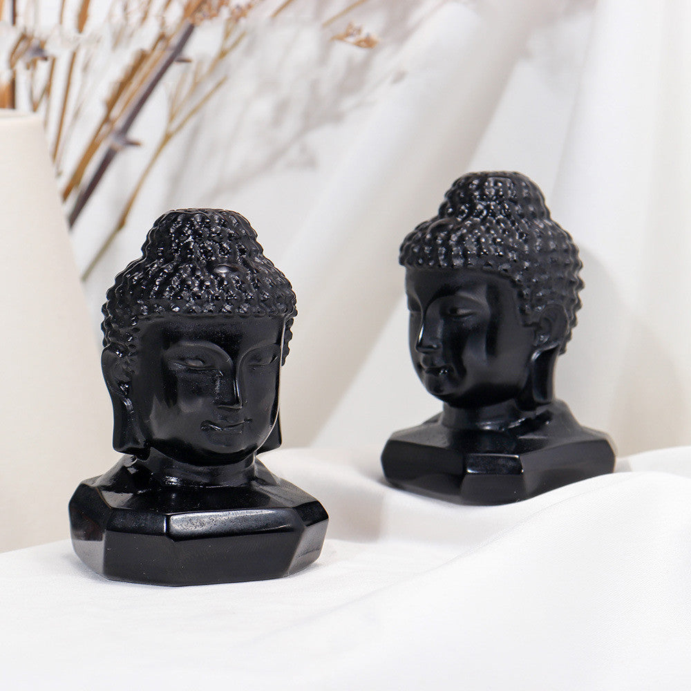 East China Sea Natural Obsidian Buddha Head Hand Polished Stone Ornament