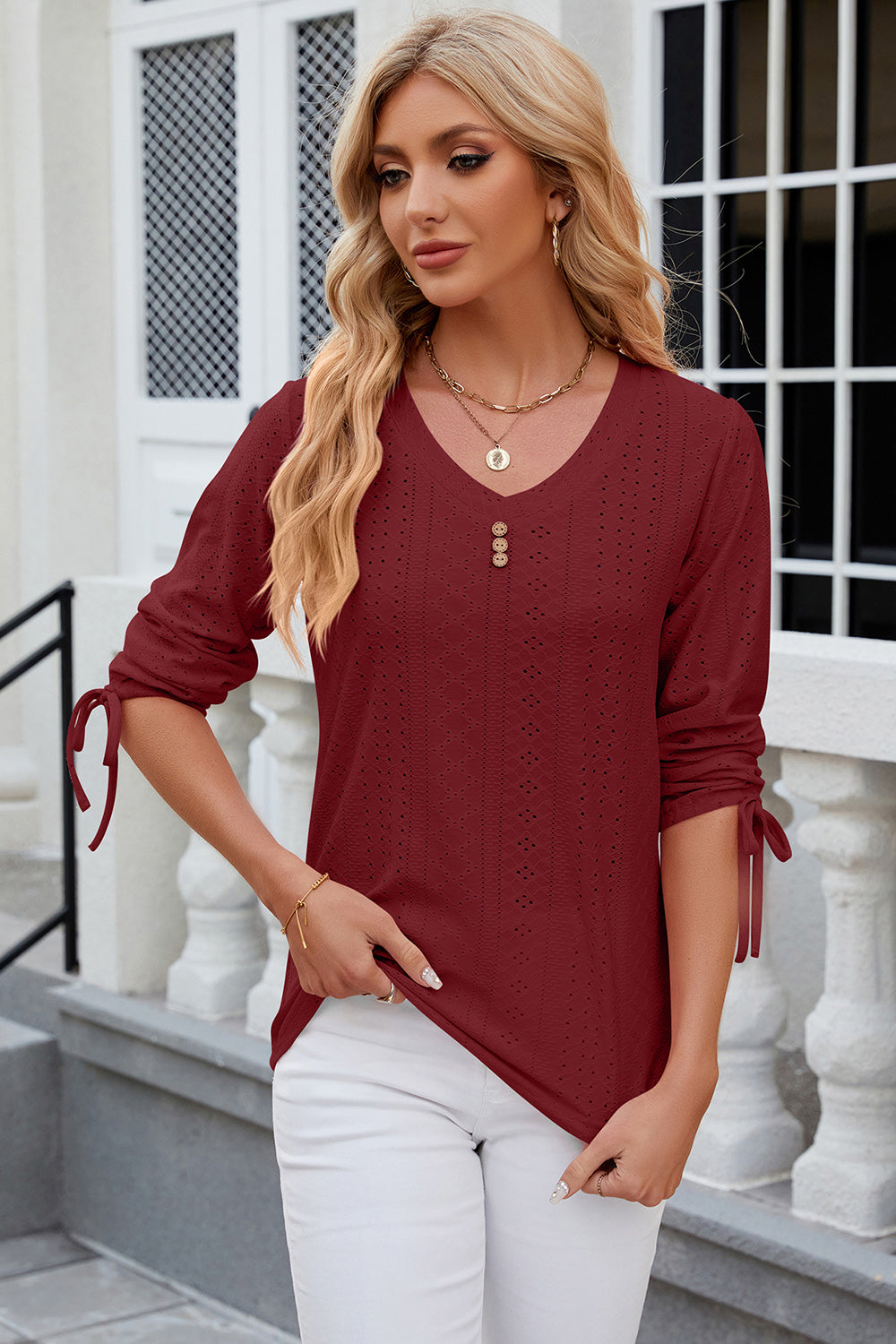 Eyelet Drawstring V-Neck Half Sleeve T-Shirt