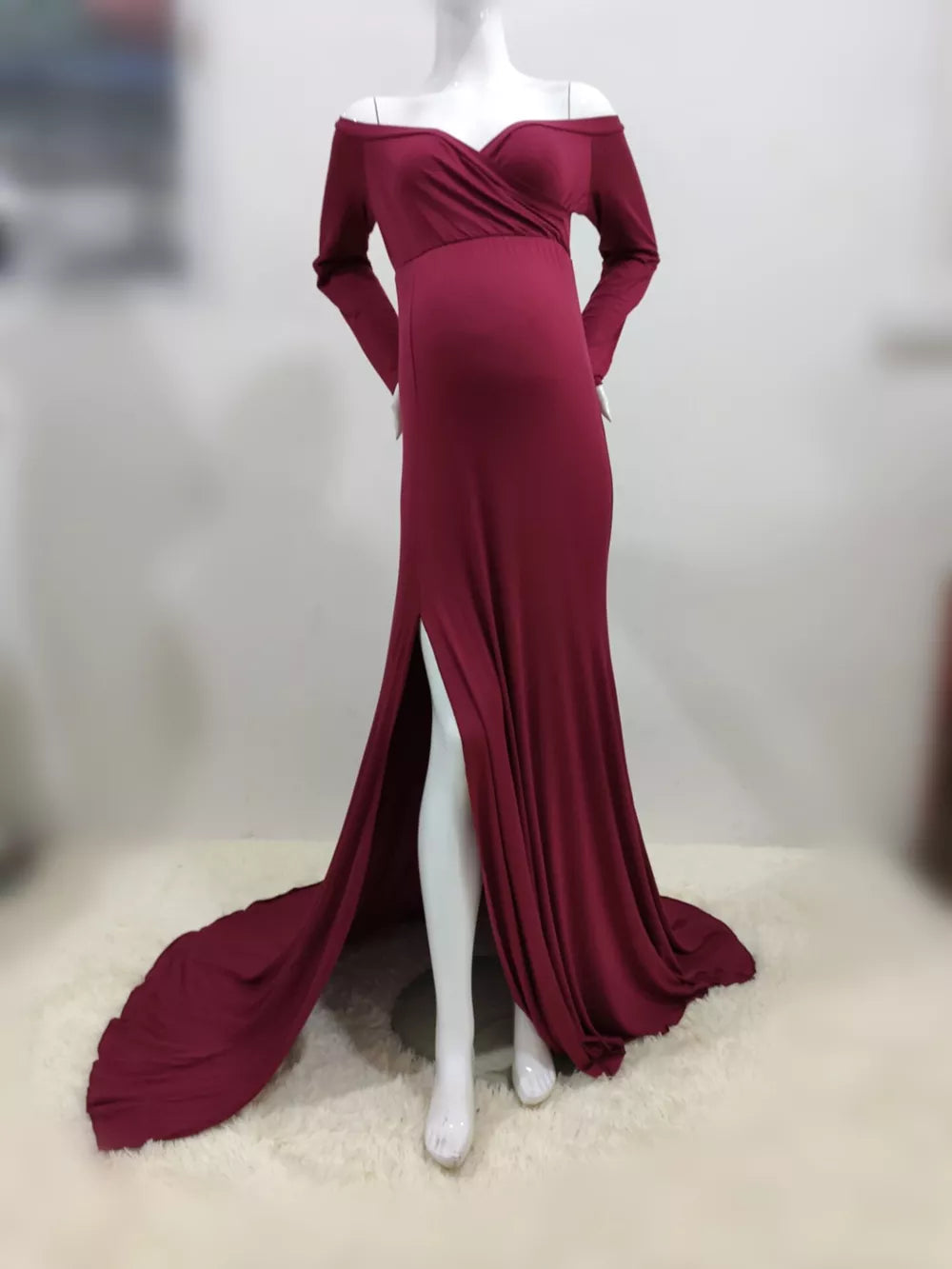 Chic Blossom: Shoulderless Maternity Maxi Gown Dress Babbazon Wine red S -BABBAZON