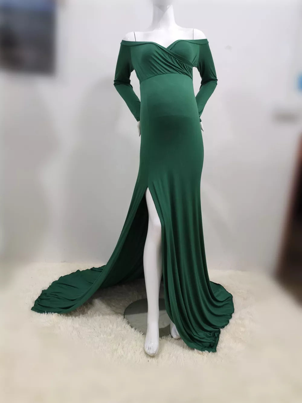 Chic Blossom: Shoulderless Maternity Maxi Gown Dress Babbazon Dark green S -BABBAZON