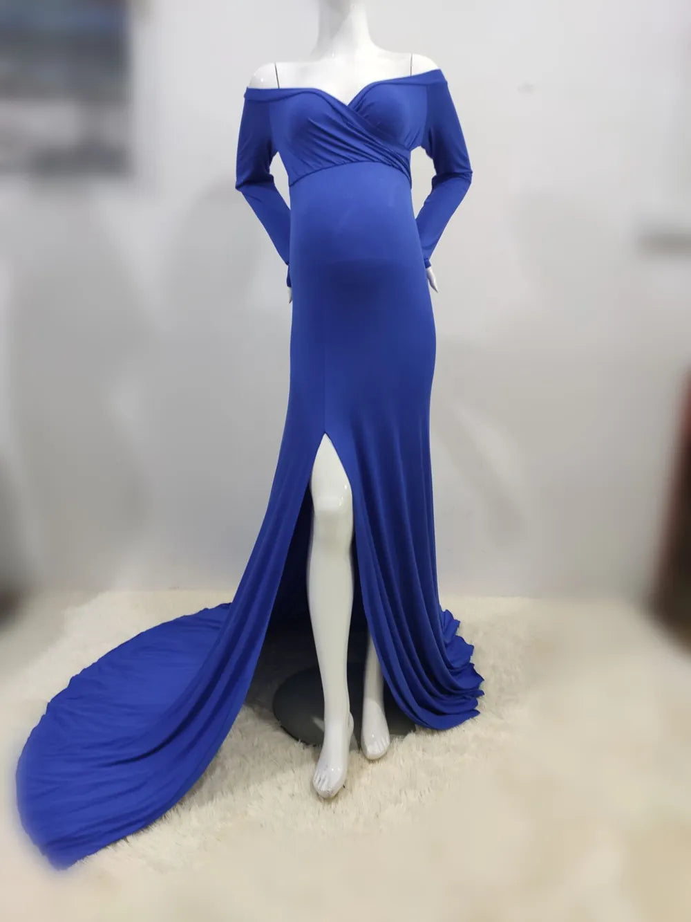 Chic Blossom: Shoulderless Maternity Maxi Gown Dress Babbazon Blue S -BABBAZON