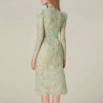 Spring Sequin Embroider Super Slim Dress Lace Mid-length