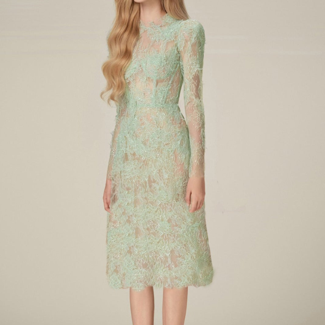 Spring Sequin Embroider Super Slim Dress Lace Mid-length