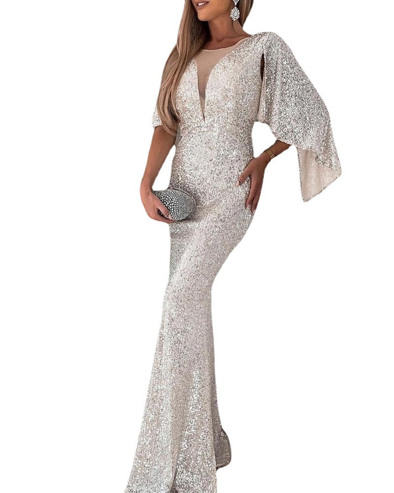 Silver Fishtail Female Banquet Host Sequin Formal Dress