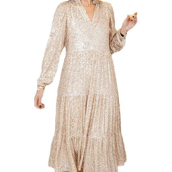 Women's Sequin Long Sleeve V-neck Banquet Dress