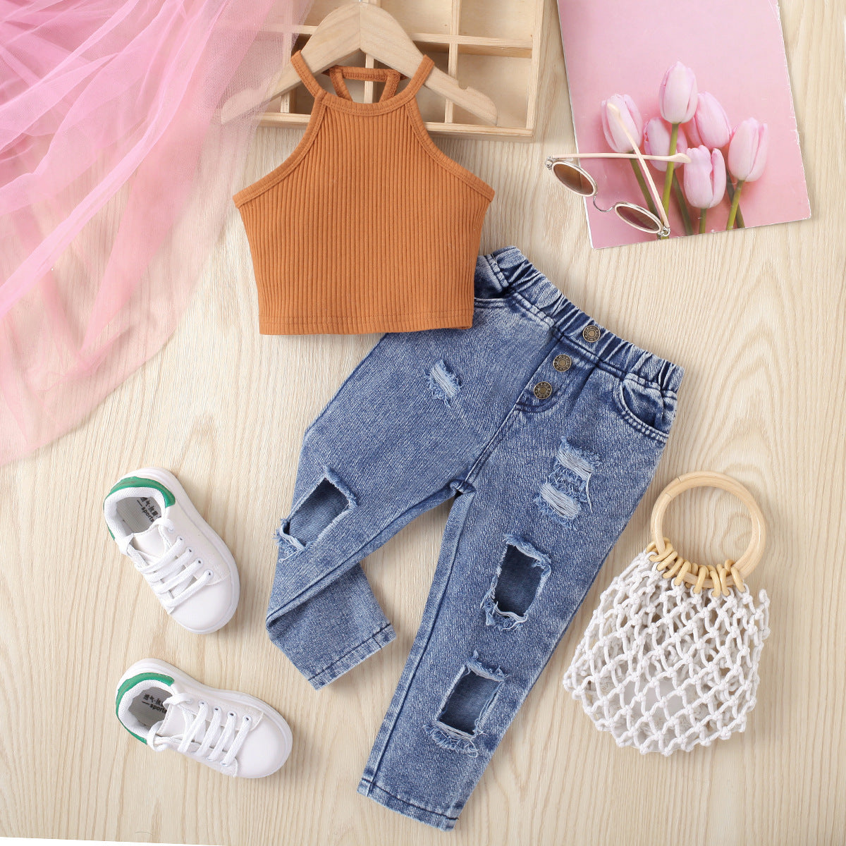 Girls' Solid Color Sleeveless Pullover Denim Trousers Two-piece Set