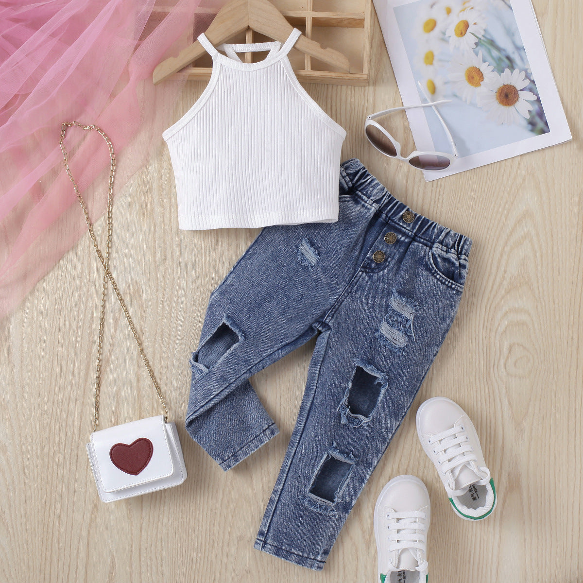 Girls' Solid Color Sleeveless Pullover Denim Trousers Two-piece Set